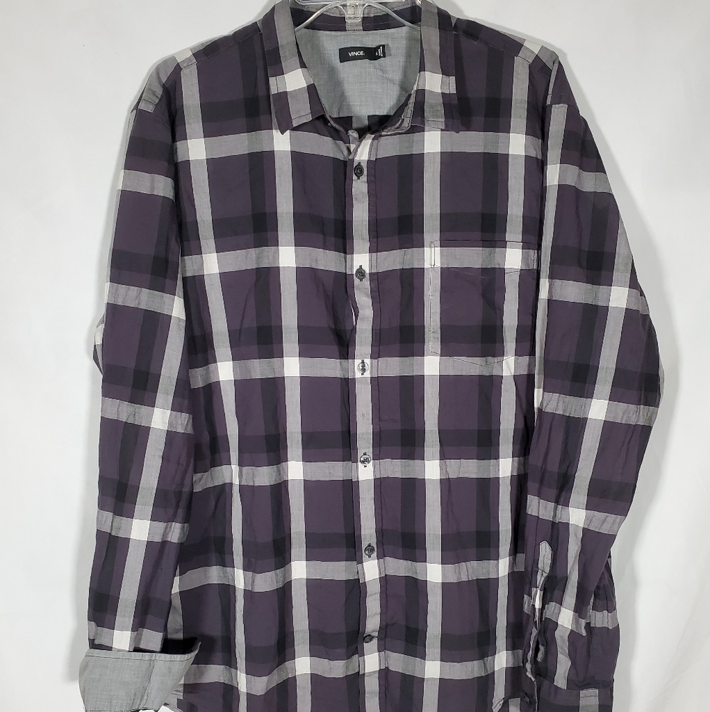 VINCE NAVY/ROYAL BLUE GRAY PLAID LONG SLEEVE BUTTON-UP DESIGNER SHIRT